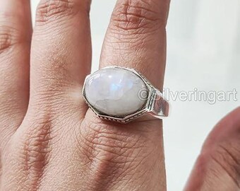 Natural Blue Fire Rainbow Moonstone Silver Jewelry 925 Silver Heavy Mens Ring Arabic Design Ottoman Style Ring Christmas Turkey Signet Ring