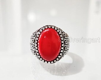 Natural Red Coral Ring Unisex Ring Silver Jewelry 925 Silver Birthday Gift Heavy Mens Ring Arabic Design Ottoman Style Turkey Signet Ring