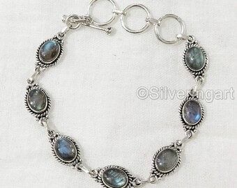 Natural Labradorite Bracelet, 925 Sterling Silver, Blue Labradorite Bracelet, Handmade jewelry, Gift For Her, Christmas Gift Womens bracelet