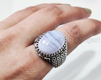 Natural Blue Lace Agate Ring Silver Jewelry 925 Silver Ring Father's Day Heavy Mens Ring Spiritual Healing Gemstone Christmas Plain Men Ring