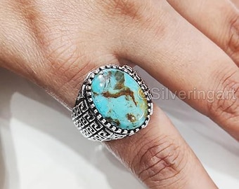 Natural Tibetan Turquoise December Birthstone Ring Silver Jewelry 925 Silver  Father's Day Heavy Mens Ring Gemstone Christmas Signet Ring