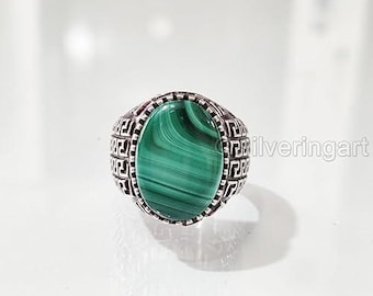 Natural Green Malachite Spiritual Silver Jewelry 925 Silver Birthday Gift Heavy Mens Ring Arabic Design Ottoman Style Turkey Men Signet Ring