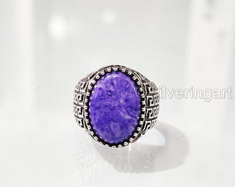 Natural Purple Charoite Ring Oxidized Silver Jewelry 925 Silver Ring Heavy Mens Ring Arabic Design Style Ring Christmas Turkey Signet Ring