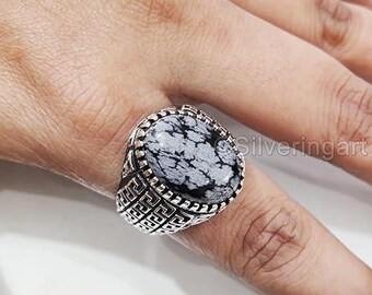 Natural Snowflake Obsidian Gents Ring Silver Jewelry 925 Silver Heavy Mens Ring Arabic Design Ottoman Style Christmas Turkey Men Signet Ring
