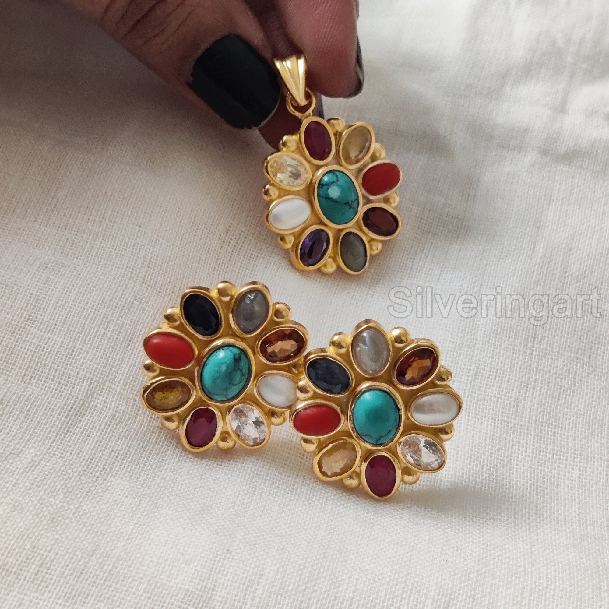 Navratan Rings Natural Navratan Jewelry Set, Genuine Gemstone Ring, Navratan Necklace ...