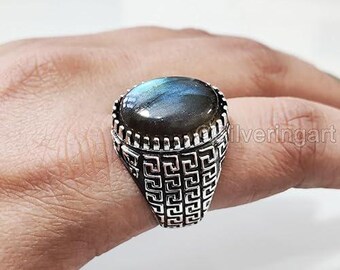 Natural Blue Fire Labradorite Unisex Ring Silver Jewelry 925 Silver Birthday Gift Heavy Men Ring Arabic Design Style Turkey Mens Signet Ring