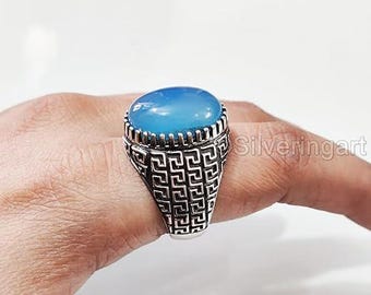 Natural Blue Chalcedony Boys Ring Silver Jewelry 925 Silver Heavy Mens Ring Arabic Design Ottoman Style Ring Christmas Turkey Signet Ring