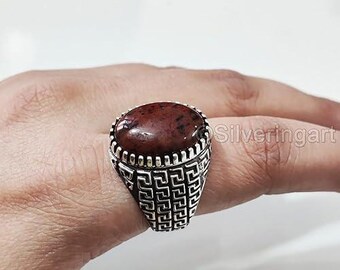 Mahogany Jasper Mans Ring Natural Mahogany Jasper Silver Jewelry 925 Silver Heavy Mens Ring Arabic Design Style Christmas Turkey Signet Ring