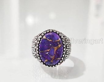 Natural Purple Copper Turquoise Silver Jewelry 925 Silver Ring Birthday Gift Heavy Mens Ring Arabic Design Ottoman Style Turkey Signet Ring