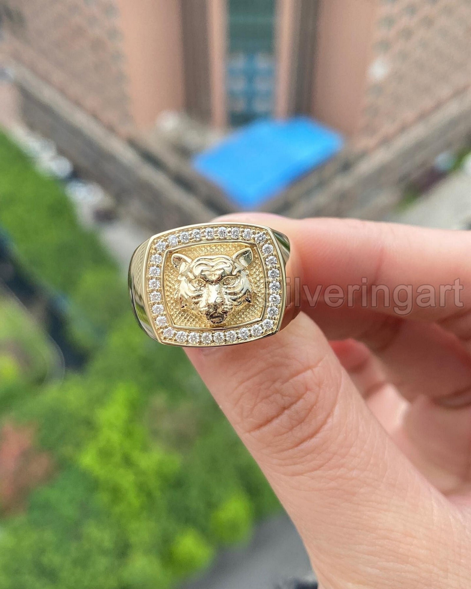Tiger Gold Diamond Mens Ring Mens Wedding Gold Ring Hallmarked