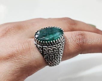 Natural Emerald Corundum May Birth Boys Ring Silver Jewelry 925 Silver Heavy Mens Ring Arabic Design Style Christmas Turkey Mens Signet Ring