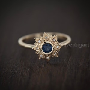 Floral Blue Sapphire & Diamond Engagement Ring, Yellow Gold Womens Ring, Natural Diamond Blue Sapphire Ring, Statement Ring, Minimalist Ring