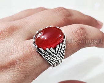 Natural Red Onyx Gents Ring December Silver Jewelry 925 Silver Heavy Mens Ring Arabic Design Ottoman Style Christmas Turkey Signet Ring