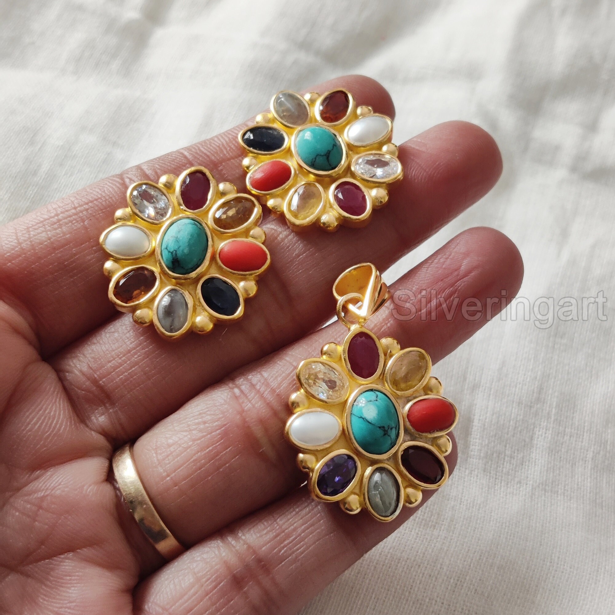 Navratan Rings Natural Navratan Jewelry Set, Genuine Gemstone Ring, Navratan Necklace ...