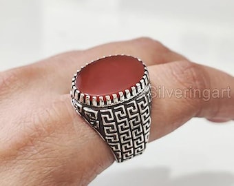 Natural Carnelian Gents Ring Birthstone Silver Jewelry 925 Silver Birthday Gift Heavy Mens Ring Arabic Design Oxidized Turkey Signet Ring