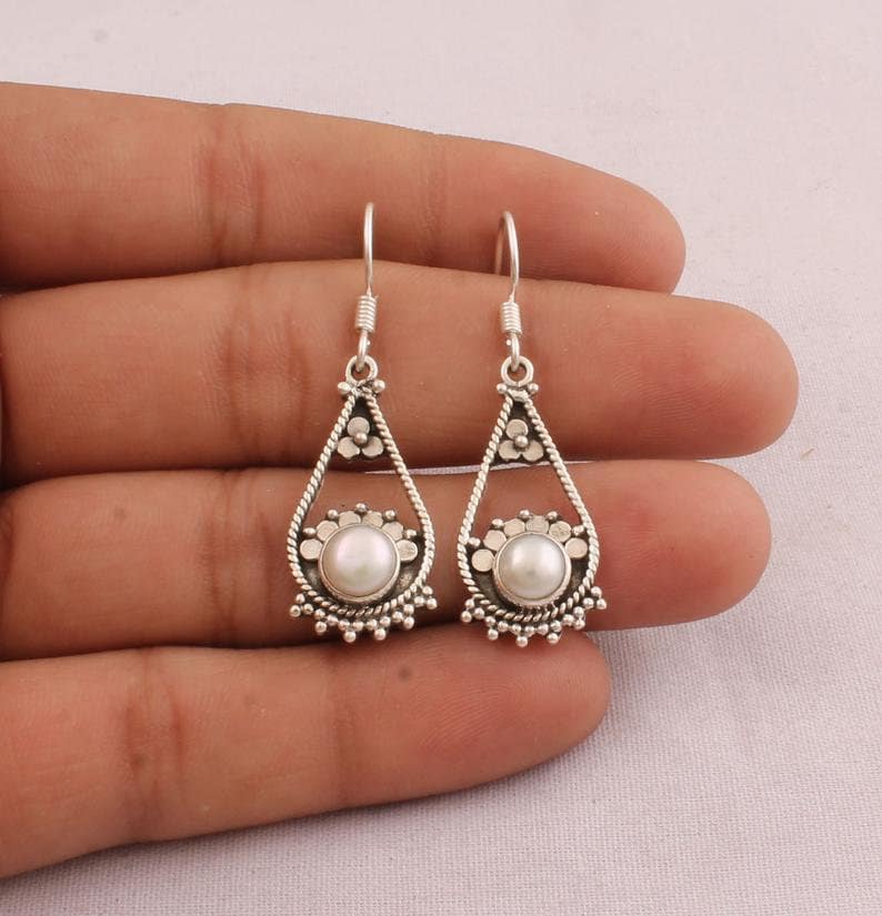 925 Sterling Silver White Round Top Quality Gemstone Gift For love one, Witchy Jewelry Pearl Dangle Earrings For Women Bridal Earring