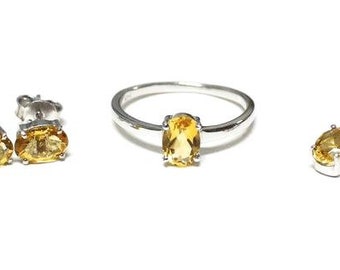 Natural Yellow Citrine Ring Earring Pendant Set, 925 Sterling Silver Necklace, Handmade Silver Stud Earring Natural Gemstone Pendant for her