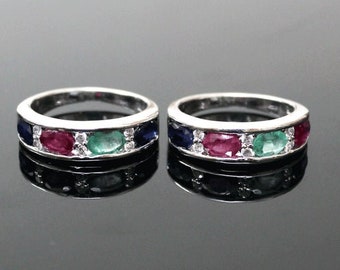 Anello con pietre preziose naturali, anello in argento sterling con tre pietre, anello in argento sterling 925, anello con pietra preziosa rubino, smeraldo e zaffiro, pietra naturale