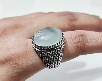 Natural Aquamarine March Boys Ring Silver Jewelry 925 Silver Heavy Mens Ring, Arabic Design Ottoman Style Ring Christmas Turkey Signet Ring