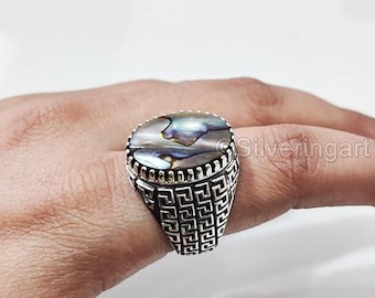 Natural Flat Abalone Shell Gents Ring Silver Jewelry 925 Silver Birthday Gift Heavy Mens Ring Arabic Design Ottoman Style Turkey Signet Ring