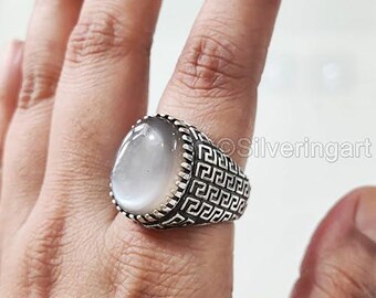 Natural Grey Moonstone June Birthstone Ring Silver Jewelry 925 Silver Anniversary Gift Heavy Mens Spiritual Healing Christmas Signet Ring
