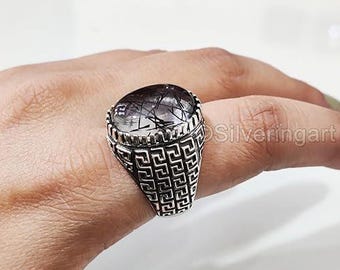 Natural Black Rutilated Quartz Silver Jewelry 925 Silver Ring Heavy Mens Ring Arabic Design Ottoman Style Ring Christmas Turkey Signet Ring