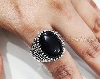 Natural Black Onyx December Birthstone Silver Jewelry 925 Silver Ring Birthday Gift Heavy Mens Ring Arabic Design Style Turkey Signet Ring
