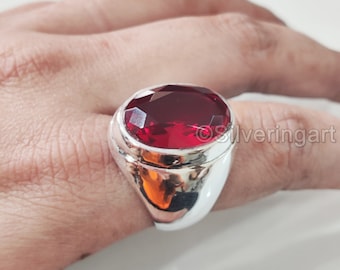 Garnet Men&#39;s Ring, 925 Sterling Silver, January Birthstone, Natural Garnet Ring, Christmas, Plain Heavy Jewelry, Gemstone Silver Ring