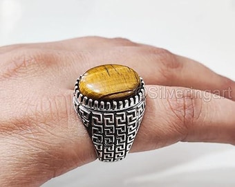 Natural Tiger's Eye June Birthstone Silver Jewelry 925 Silver Birthday Gift Heavy Mens Ring Healing Gemstone Designer Christmas Signet Ring