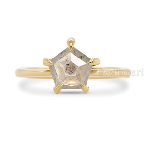Eva Pentagon Rose-cut Salt and Pepper Diamond Engagement Ring, Women Gold Ring, Natural Salt and Pepper Diamond Ring, Tiny Ring, Dainty Ring