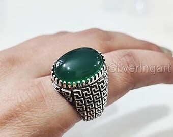 Natural Green Onyx December Birthstone Silver Jewelry 925 Silver Heavy Mens Ring Arabic Design Style Ring Christmas Turkey Mens Signet Ring