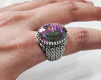 Natural Mystic Topaz Ring November Birthstone Topaz Silver Jewelry 925 Silver Ring Birthday Gift Heavy Mens Ring Arabic Oxidized Signet Ring
