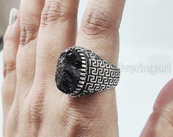 Natural Black Tourmaline Silver Jewelry 925 Silver Birthday Gift Heavy Mens Ring Arabic Design Ottoman Style Christmas Turkey Signet Ring