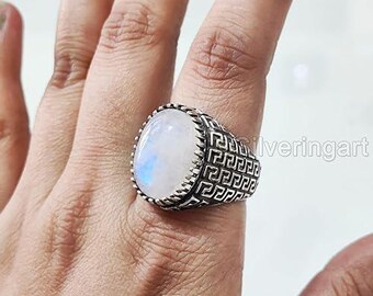 Natural Blue Fire Rainbow Moonstone Silver Jewelry 925 Silver Ring Birthday Gift Heavy Mens Ring Arabic Design Style Turkey Mens Signet Ring