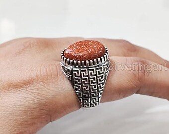 Natural Fire Sunstone Ring Sunstone Boys Silver Jewelry 925 Silver Heavy Mens Ring Arabic Design Ottoman Style Christmas Turkey Signet Ring