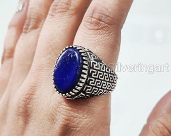 Natural Afghani Lapis Lazuli Silver Jewelry 925 Silver Ring Birthday Gift Heavy Mens Ring Arabic Design Ring Christmas Turkey Signet Ring