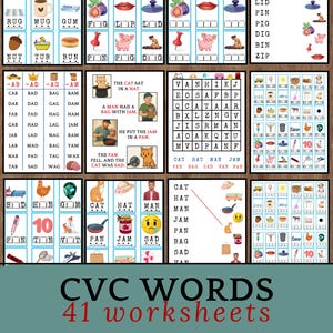May include: A set of 41 printable worksheets for teaching CVC words. The worksheets feature colorful illustrations of various objects and animals, along with the corresponding CVC words. The title "CVC Words 41 Worksheets" is displayed at the bottom of the image.