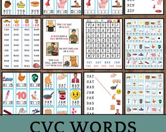 May include: A set of 41 printable worksheets for teaching CVC words. The worksheets feature colorful illustrations of various objects and animals, along with the corresponding CVC words. The title "CVC Words 41 Worksheets" is displayed at the bottom of the image.