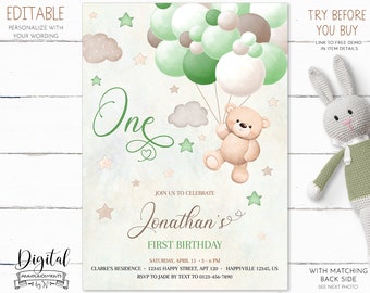 Editable Teddy Bear Invitation Template. Green Balloons Beary 1st Birthday ONE Invite. Any Birthday B29