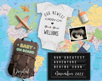 Baby on Board Travel Pregnancy Announcement Digital, Retro Carry-On Baby Travel Friends Theme, Editable Social Media Pregnancy Announce P016