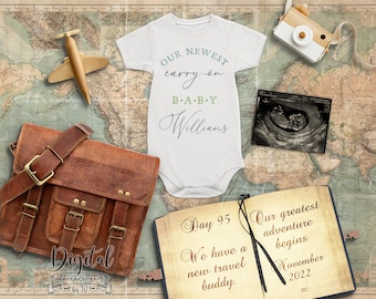 Travel Pregnancy Announcement Digital, Our Greatest Adventure Begins. Vintage Map, Travel Journal Editable Baby Announcement P036