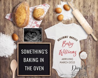 Baking Pregnancy Announcement. Something in The Oven, Editable Funny Baby Announcement for Social Media. Cute Neutral Baby Reveal P001