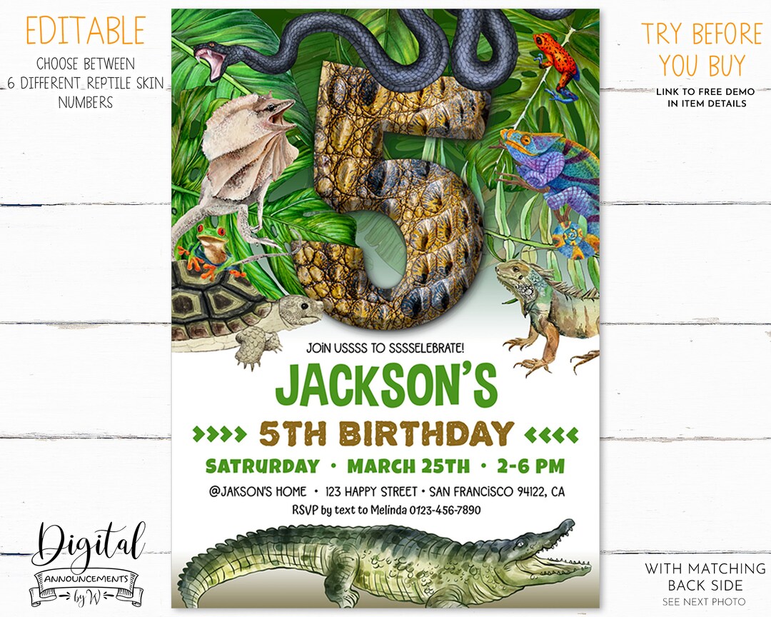 Reptile Birthday Invitation. Editable Reptile Birthday Party Invite