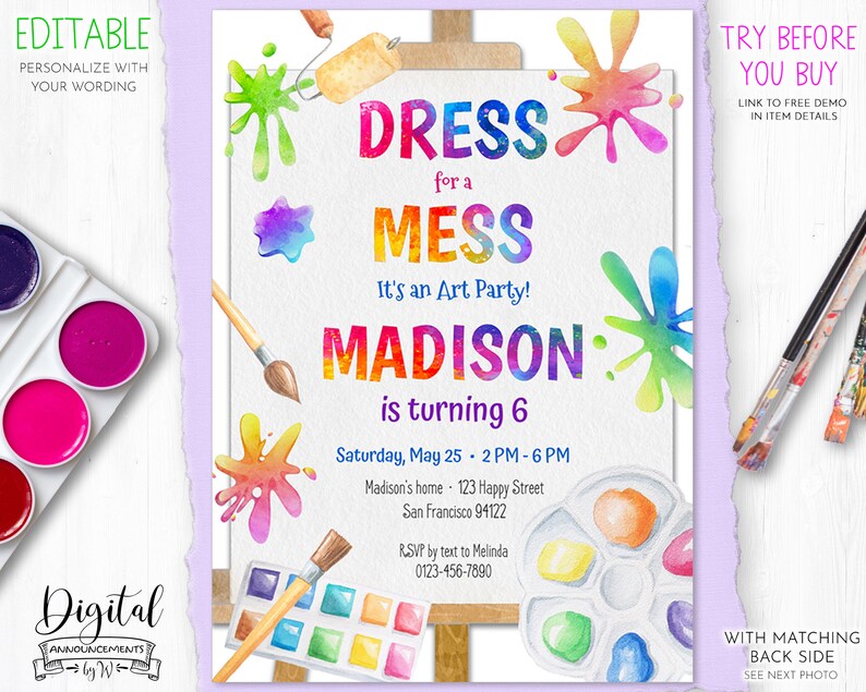 Dress for a Mess Art Party Invitation. Painting Birthday Etsy