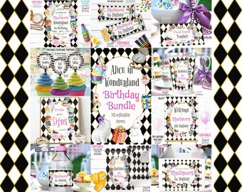 Editable Alice in Wonderland Birthday BUNDLE Template. 10 Mad Tea Party Templates B01