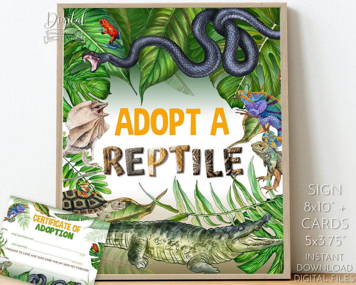 Adopt A Reptile Sign & Certificate of Adoption. Instant Download