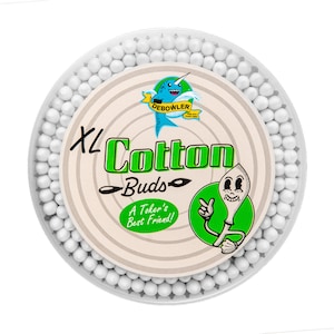 May include: A round container of white cotton swabs with a label that says "XL Cotton Buds - A Toker's Best Friend!" and a cartoon narwhal with the text "Debowler" above it.