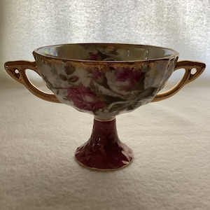Vintage Japan Lusterware Double Handle Dessert Dish, Rose with Gold Trim