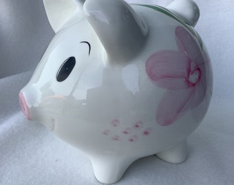 Piggy Bank White With Pink Flowers
