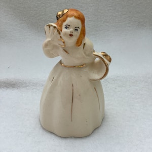 Vintage Girl Fanning Herself Figurine, White with Gold Trim